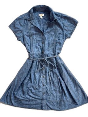 Talbots Women 16 Blue Chambray Fit Flare Dress Cotton Belted Coastal Cottagecore
